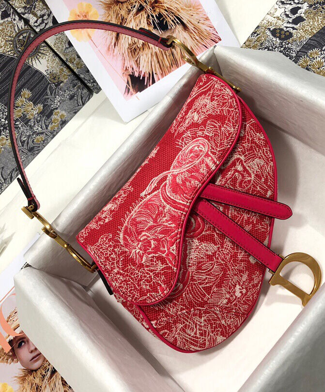 Christian Dior Saddle Bag Canvas with Leather Red